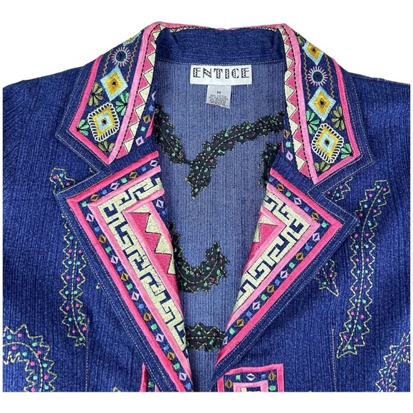 Vintage Y2K Entice Embroidered Dark Blue Denim Jean Jacket Blazer Hippie Medium - Picture 3 of 16